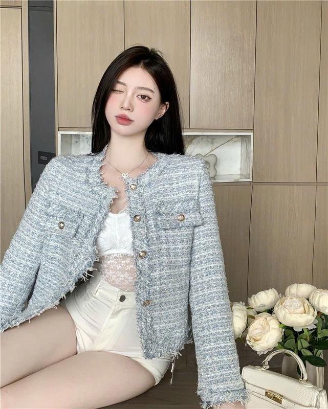 Áo Khoác Dạ Tweed Kẻ Caro Cổ Tròn phối cúc đồng dáng lửng 3 màu ngọt ngào cho nữ hàng QCCC-TD151