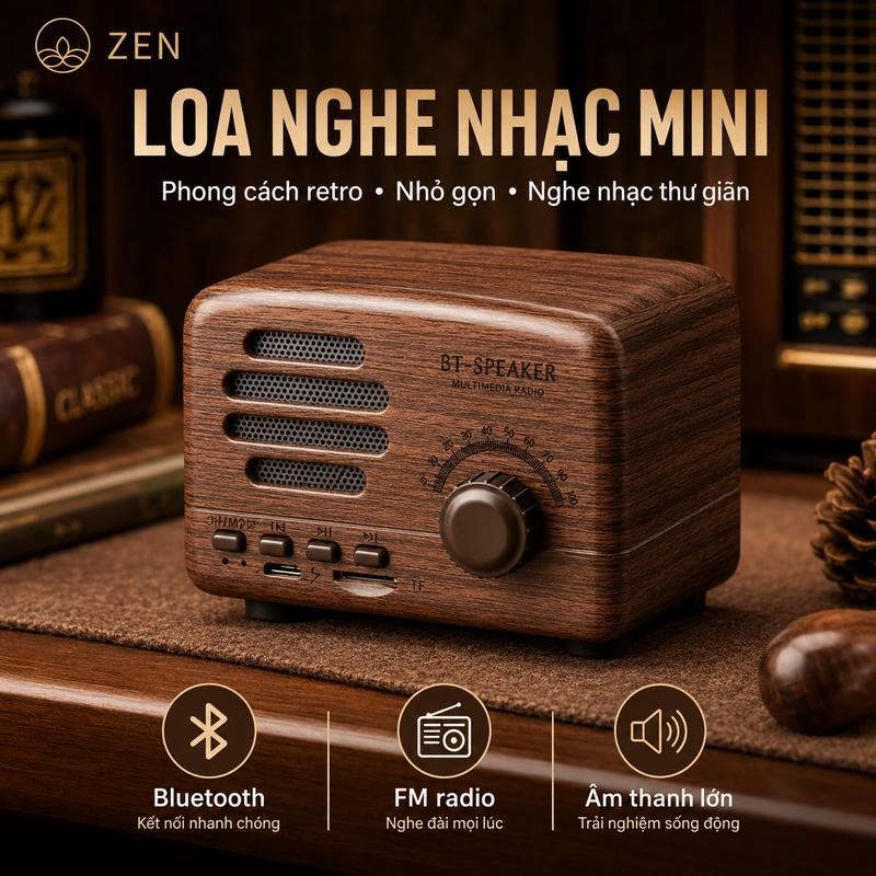 Loa Bluetooth Mini Retro Vỏ Vân Gỗ Cổ Điển Tích Hợp Đài FM Hỗ Trợ Thẻ Nhớ TF