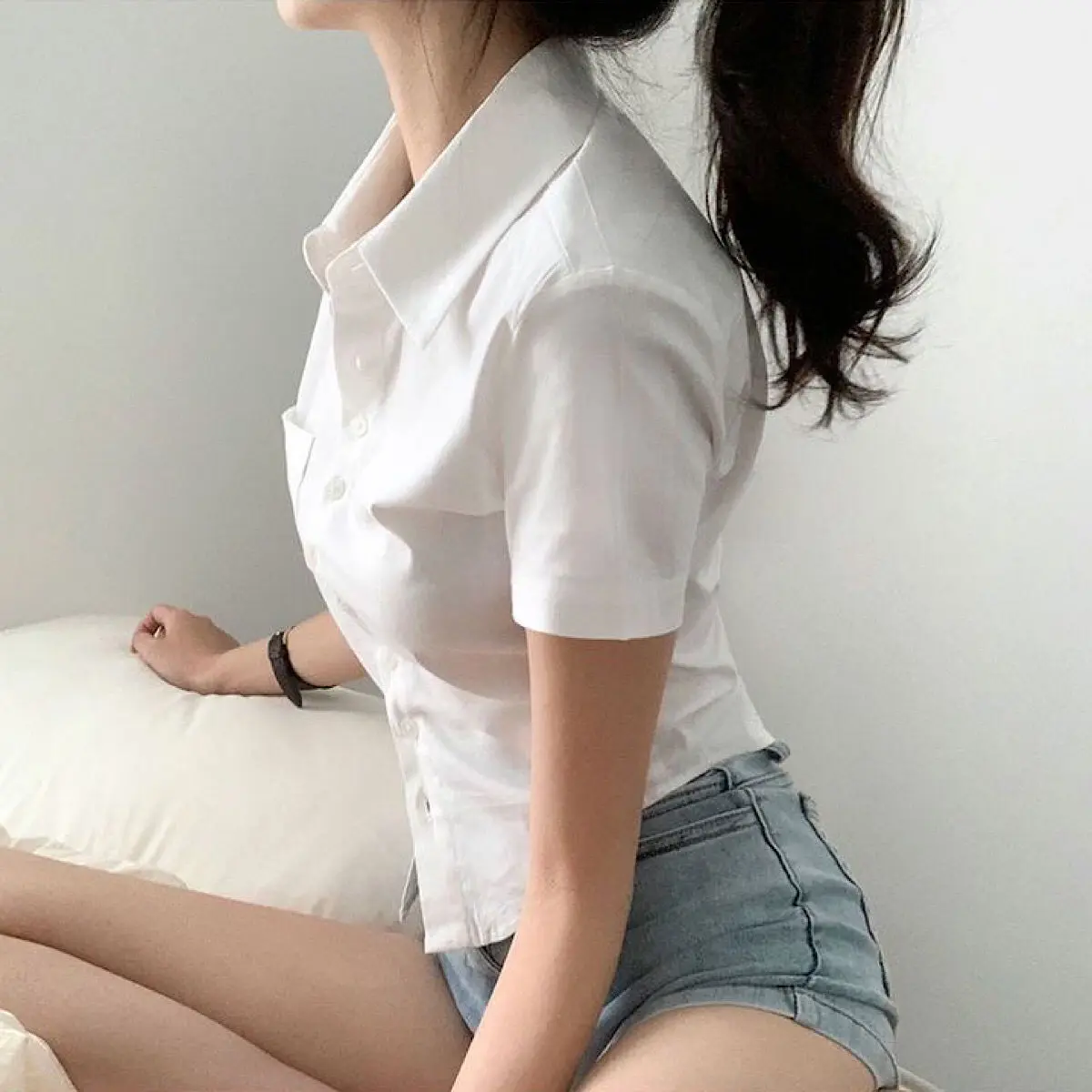 Short Sleeve Blouse For Women Korean Style White Sexy Slim Fit Casual Fashion Elegant Polo Shirt 2024 Summer Solid Color Office Wear