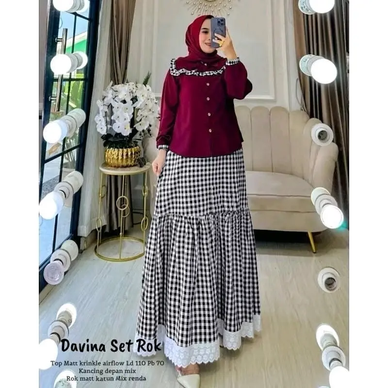 Setelan Baju Wanita Kekinian Davina Set Rok Bahan Atasan Crinkle Airflow Rok Katun Mix Renda Mewah 1