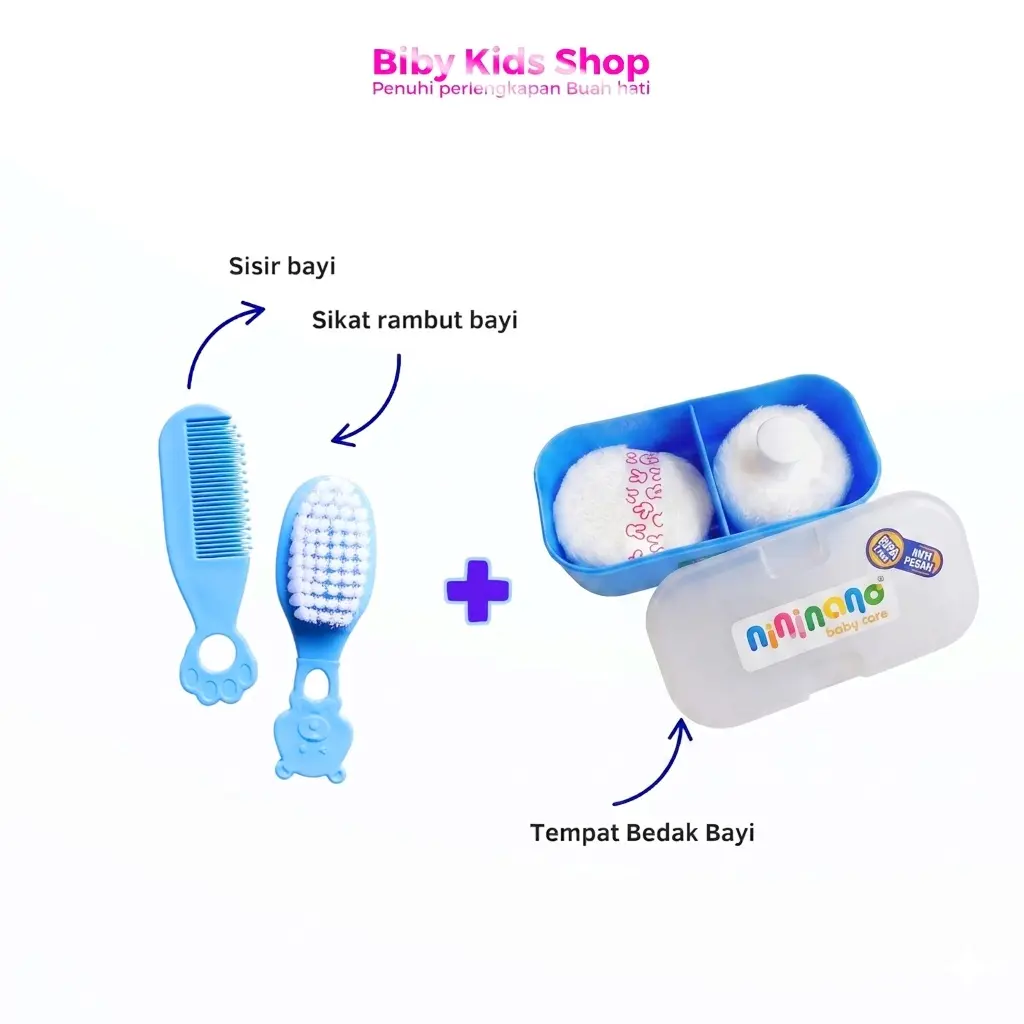 Paket Hemat Bundling Tempat Bedak Double Anti Pecah Sisir Sikat Bayi 2 In 1 Murah Cowok Cewek Perawatan Baby Newborn Biru Pink