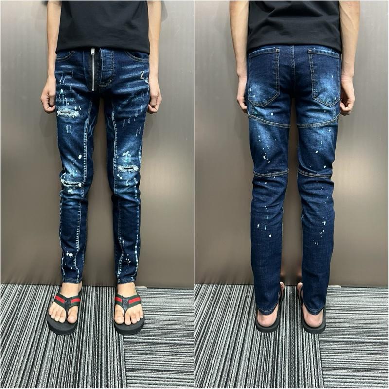 Quần jean nam xanh vẩy sơn rách nhẹ mix khoá ở ,  form dáng ôm co dãn 4 chiều cho nam ,logo số 2