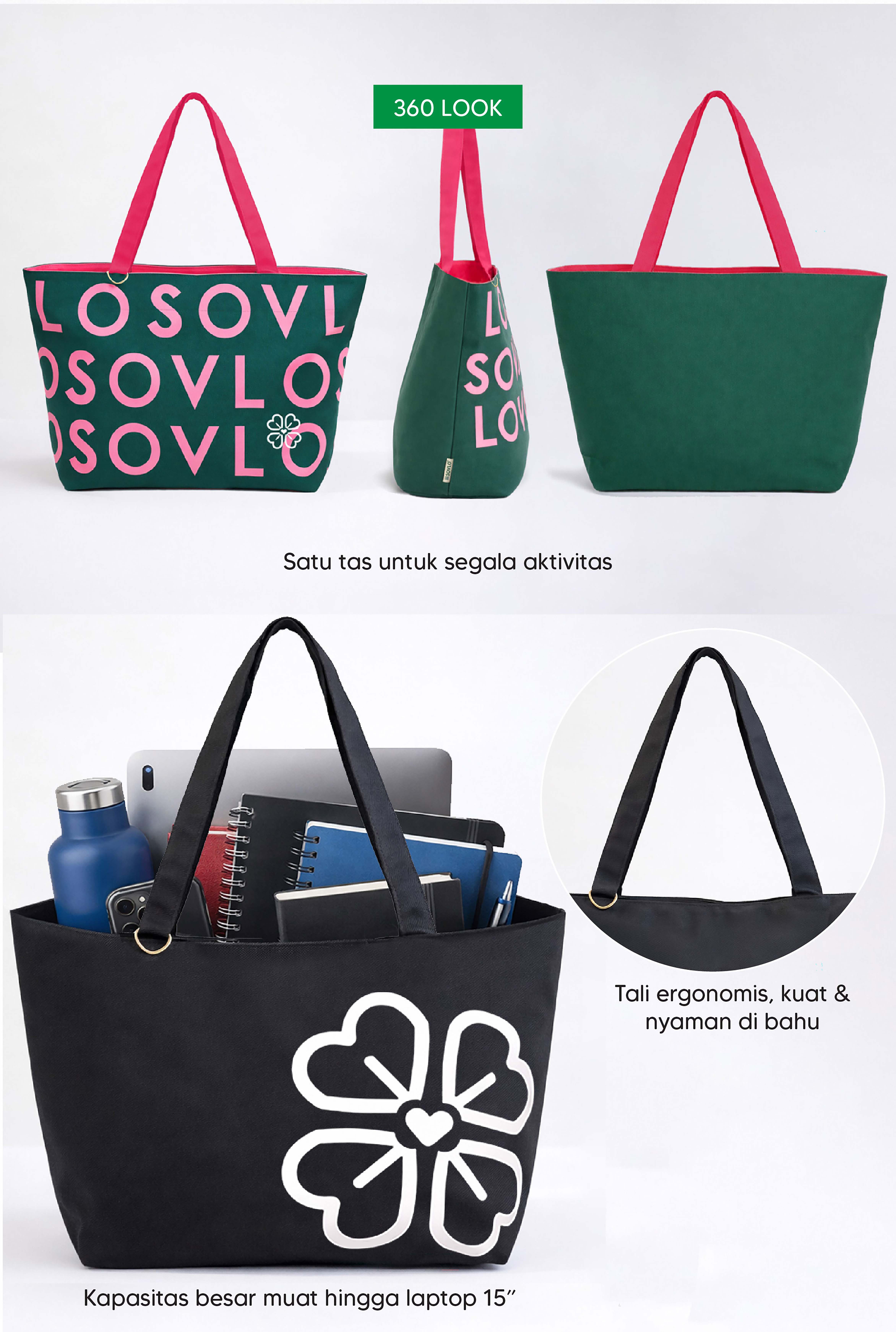 SOVLO Daily Tote Bag Zipper - Tas Kerja Wanita - Tote Bag Kuliah, Kerja,