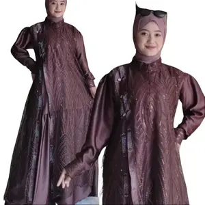 Kinar Azza dress Pesta gamis Mix Brukat tile mewah   Kondangan Gamis Mewah terbaru 2024 Lebaran Brokat Formal Kancing Manset Muslim Payet Wanita Satin Dewasa Karet Tebal