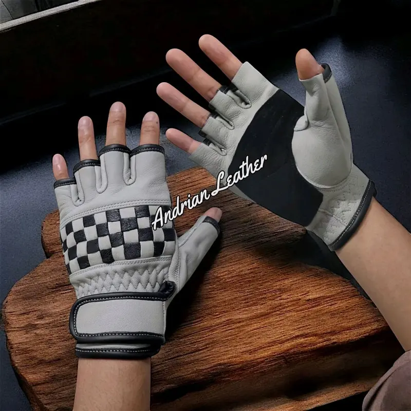 Sarung Tangan Motor Checkerboard Kulit Asli Retro klasik Pendek Setengah Jari Corak Catur warna untuk pria wanita 4