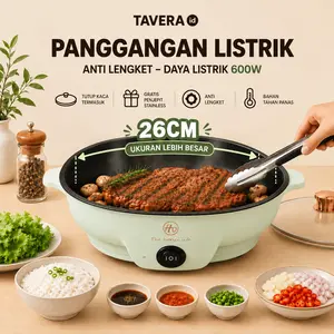 Panggangan Elektrik Low Watt Bulat Size 26cm Multifungsi Grill Electric FREE Penutup Kaca Dan Capitan Bahan Awet Anti Lengket Panas Merata Temperatur Stabil Mudah Pemakaian