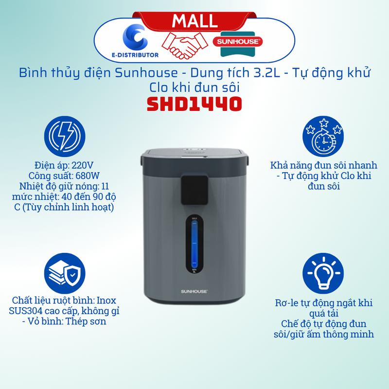 Bình thuỷ điện Sunhouse SHD1440 - Dung tích 3.2L, Tự động khử Clo khi sôi