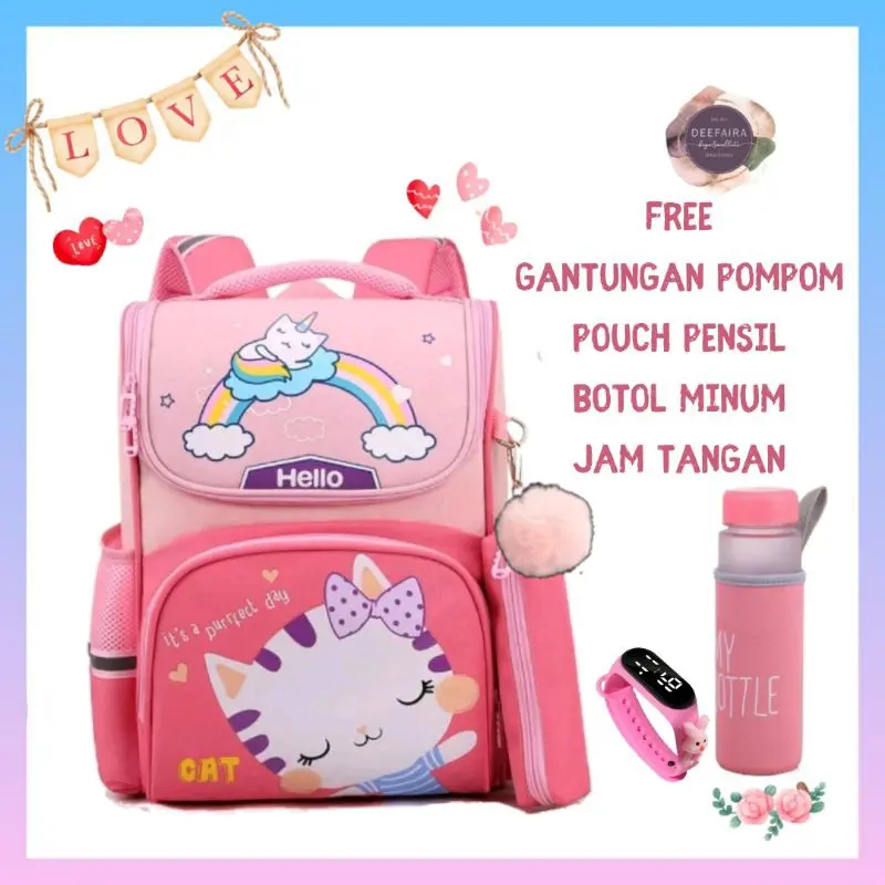 Paket 5in1 Tas Anak Perempuan Karakter Lucu its perfect Day Cat Hellow239 Kekinian Terbaru Terlaris COD Ransel Backpack Sekolah Anak Perempuan TK PAUD SD Bonus Botol Gantungan Tempat Pensil dan Jam Tangan Digital Lucu Kiyowo 2