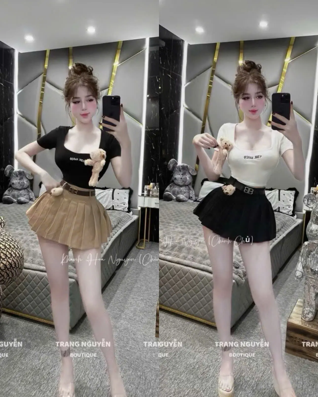 Set Áo Thun Body Cổ Vuông & Chân Váy Xếp Ly Kèm Gấu Teddy - Kèm Thắt lưng – Style Năng Động Dễ Thương | Mynk Store