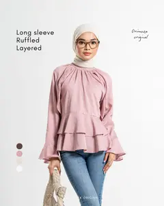 Blouse Nansie Longsleeve Blouse Ruffle Layered Polo Linen Impor Blouse Wanita Lengan Panjang Elegan - BATCH 3