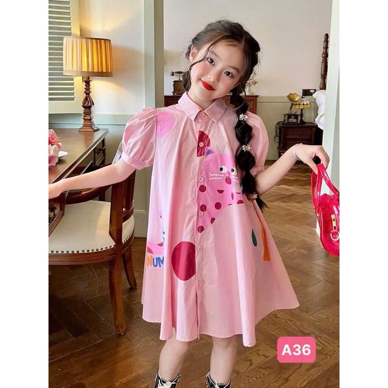   8-35Kg - Dung Kids 05 - A36 Váy hồng mèo cổ sơ mi nơ to sau lưng cách điệu cho bé gái 
