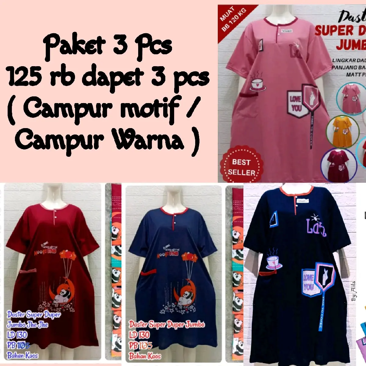 Paket 3 Pcs Daster Kaos Jumbo Busui Ld 130 cm Muat Bb 120 kg ( LATTE BE FREE HAPPY TIME & STARS )