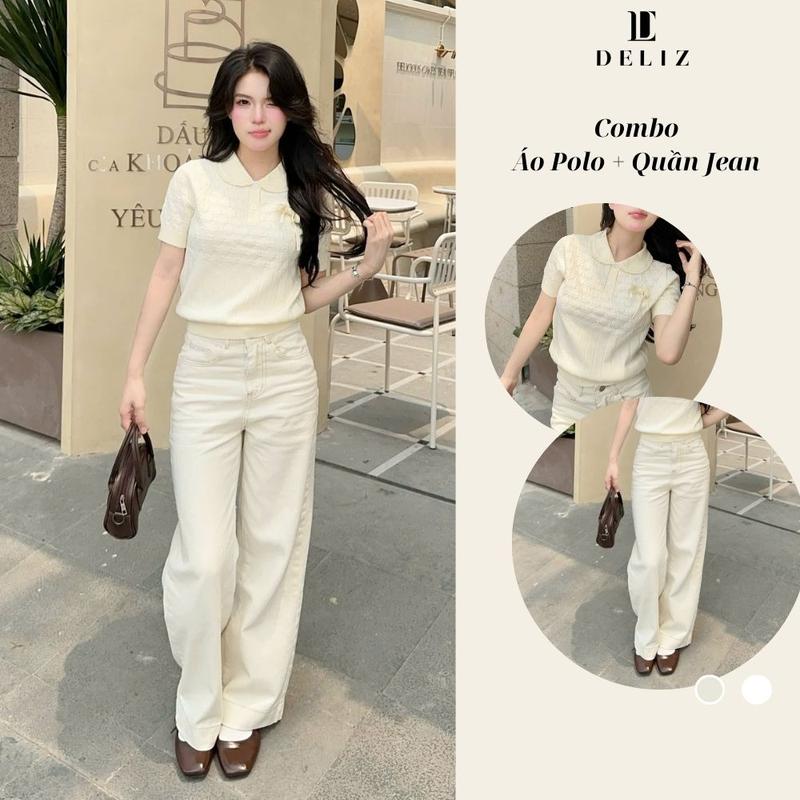 [COMBO J411] Set áo polo len lông thỏ phối Quần jean cạp cao dáng dài ống rộng màu trắng be