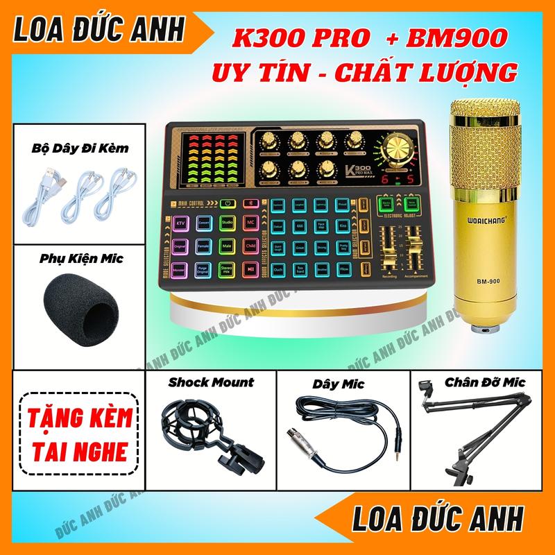 Bộ Sound Card K300 Pro Max Mic BM900 Đủ Màu Chuyên Thu Âm Livestream Có Bluetooth Và Autotune Kèm Tai Nghe Phụ Kiện Âm Thanh