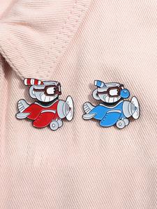 Set de 2 piezas de Pins de esmalte de Juego de Aventuras con Cabezas de Tazas de Té Broches de Metal de Personajes de Juego de Dibujos Animados Mugman Insignias de Solapa para Mochila Accesorios de Joyería de Moda Regalos para Amigos
