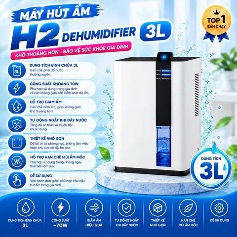 Máy Hút Ẩm H2 Dehumidifier 3L – Máy Hút Ẩm Không Khí Mini, Khử Ẩm Phòng Ngủ, Phòng Làm Việc