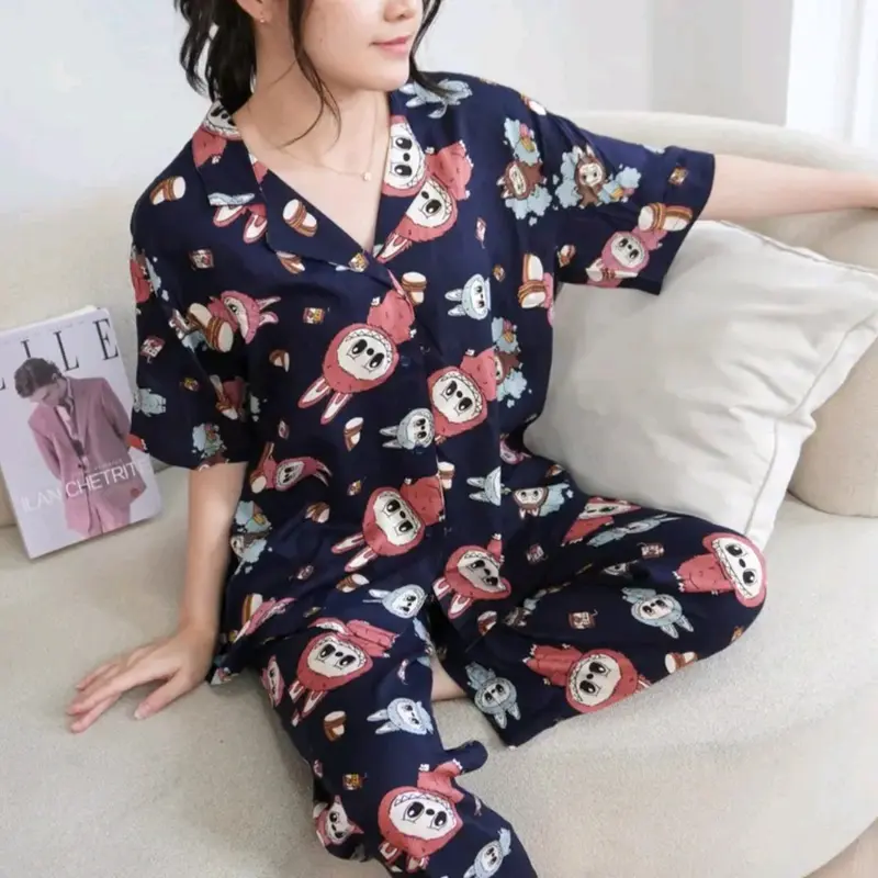 Piyama Labubu Rayon Wanita Motif Lengan Pendek - Busui jumbo Setelan Celana Panjang - Bahan Rayon Premium 5