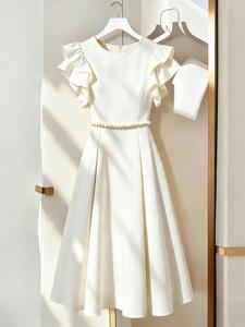 Vestido elegante sin mangas, vestido corto de línea A ajustado con cinturón de perlas, perfecto para citas, compromisos, bodas y uso diario