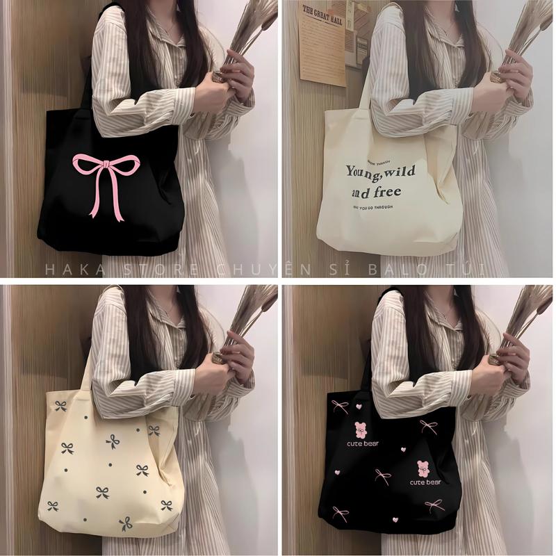 Túi tote túi vải canvas phong cách Hàn quốc có khóa miệng ngăn phụ bên trong thời trang ulzzang Bag Chữ Nhật Nữ Hình Chữ Nhật Đeo Vai