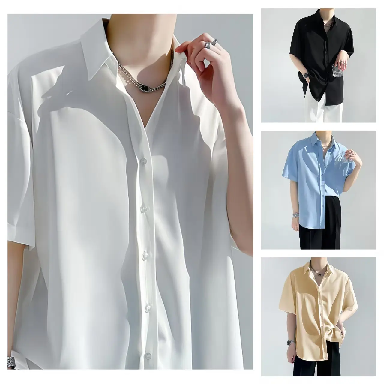 Men's Korean Style Plain Color Casual Chiffon Short Sleeved Breath Loose V-Neck Polo Shirts For Men