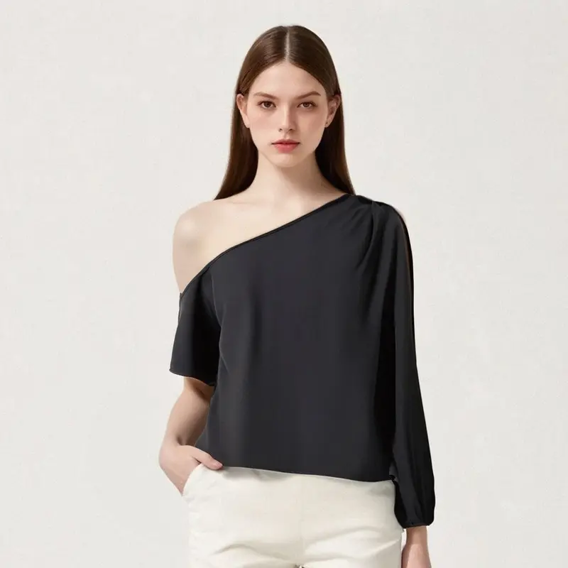 [MEIN] Elegant Kaos Off Shoulder Wanita Baju Atasan Lengan Panjang Hitam Top Cewek Basic Casual 4371 0