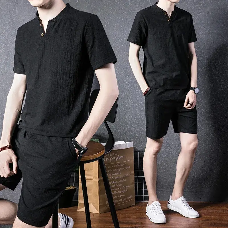 Setelan Casual Basic Pria Lengan Pendek Desain Terbaru AMOND Hitam Polos T-shirt Santai Pria Dewasa