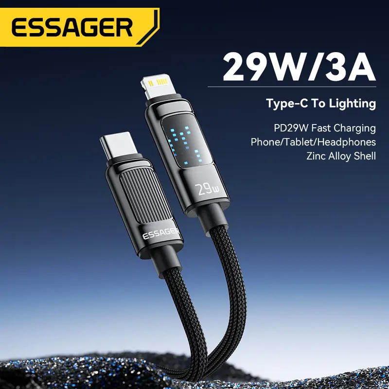 Essager PD29W Type C to Lightning LED Display Cable Fast Charge For iPhone14/13/12/11/8 Pro Max XS PD Fast Charging Type-C To Lightning 29W Cord For IOS Phone Tablet iPad AirPods iPod LED Display Wire 1