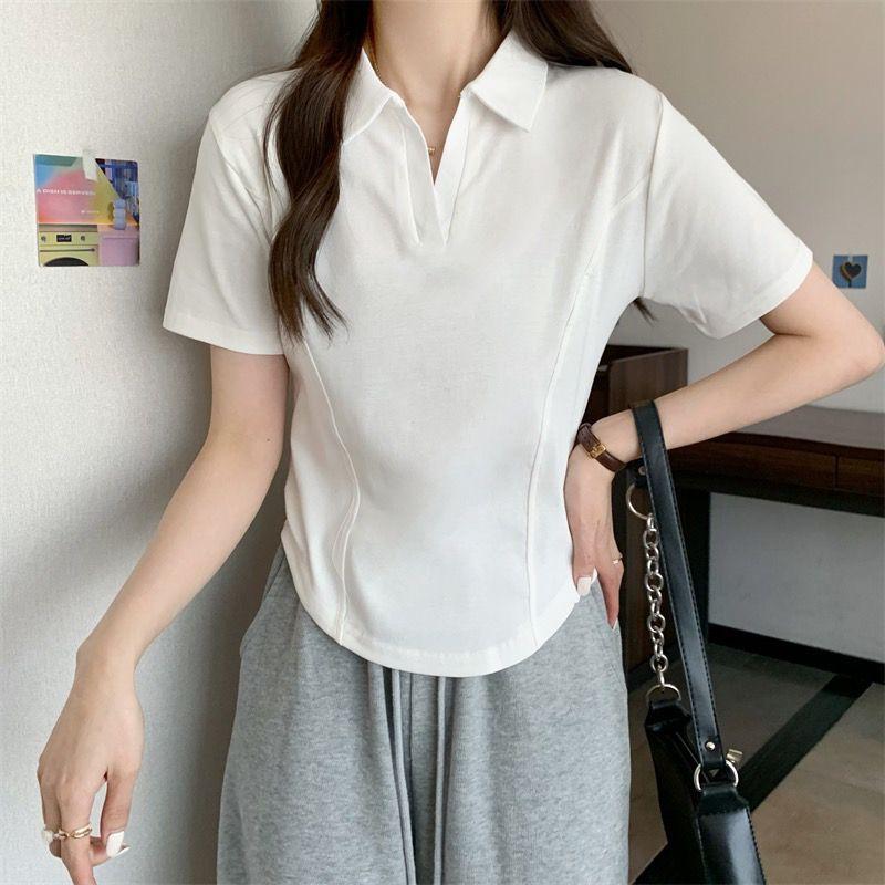 Product Introduction of Summer New Korean Style Polo Collar Solid Color Short-Sleeved Top for Women Slim Casual All-Match T-shirt Women 9