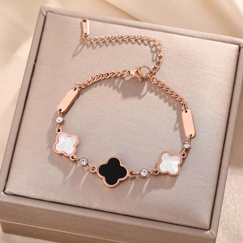 Gelang Titanium Wanita Daun Smanggi Hitam/Putih Anti Karat Tidak Luntur - Bracelets 3