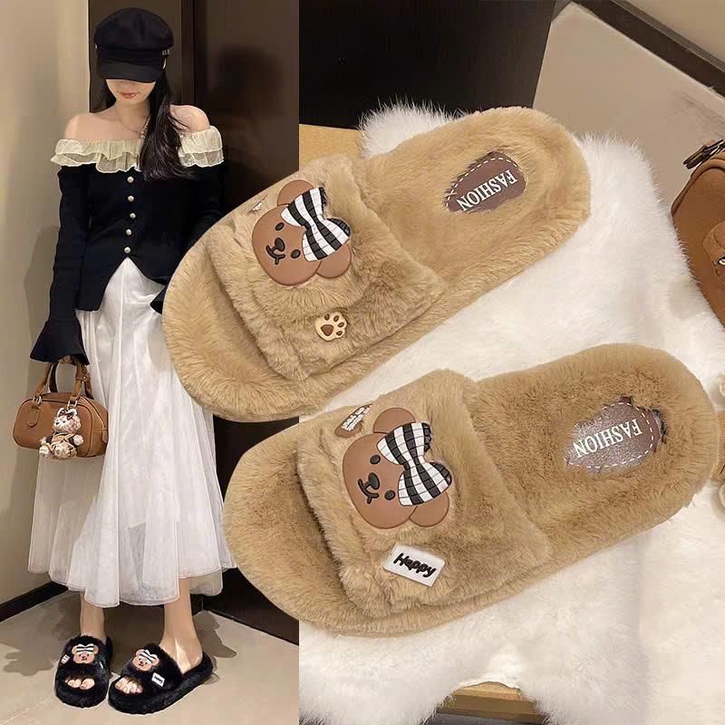 Có sẵn Dép nữ lông quai ngang bản gấu nơ dép lông ấm áp mùa đông