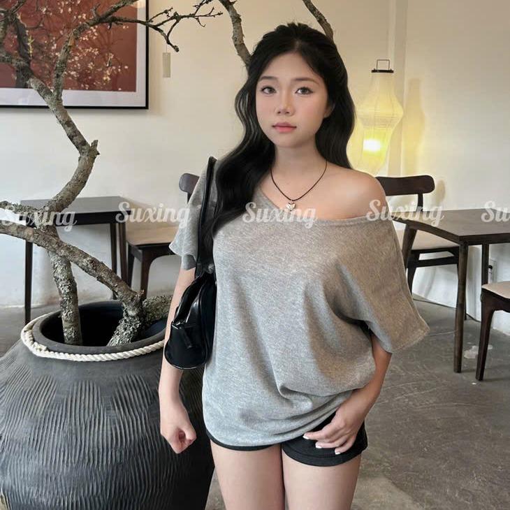 (SUXING- MEGA LIVE) Áo Thun Lệch Vai Cộc Tay Chất Nỉ Lông Thỏ Mềm Mịn _S57