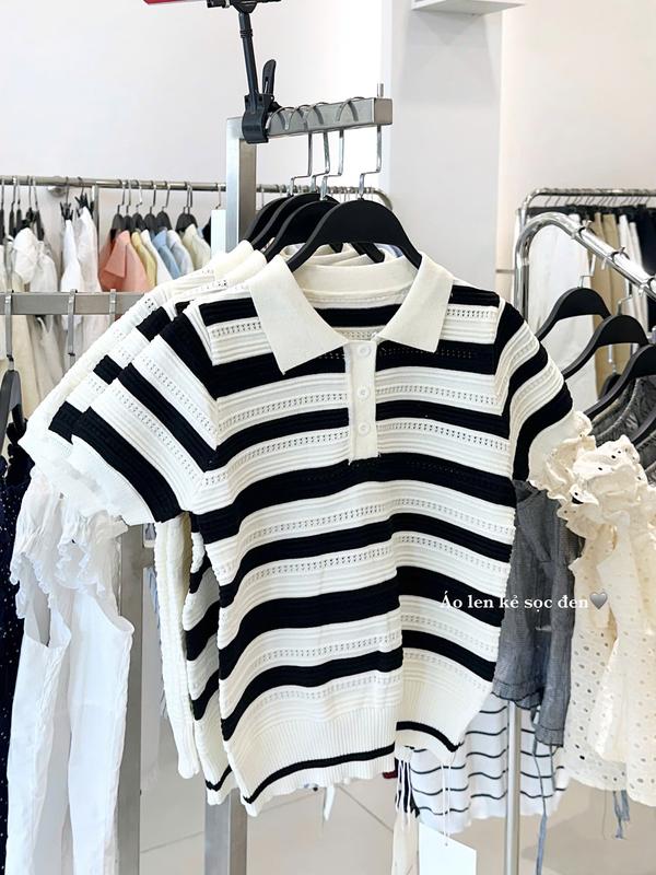 (ẢNH OLDSCHOOL) Áo len mongtoghi nữ cộc tay dáng ôm cổ polo đục lỗ QC9228