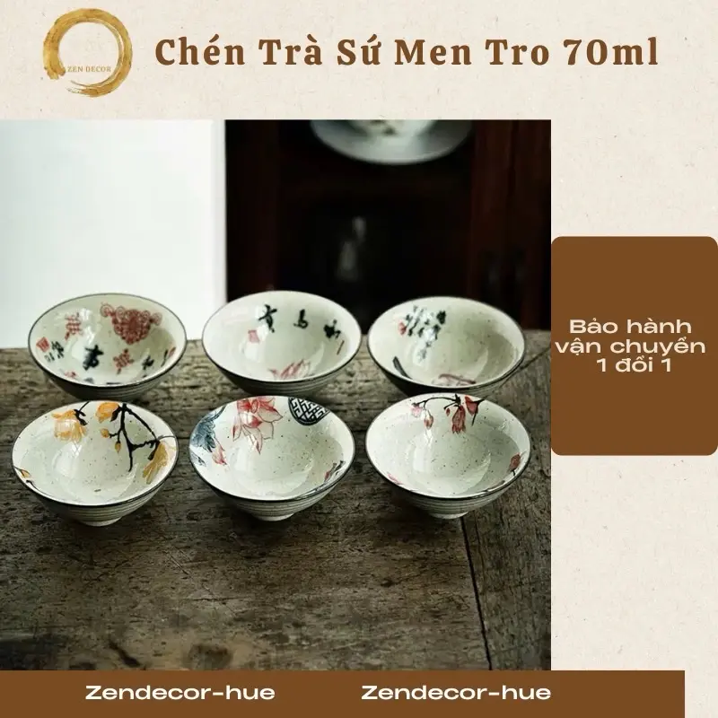 Chén Trà Sứ Men Tro, Chén Trà Dáng Nón họa tiết cổ xưa.