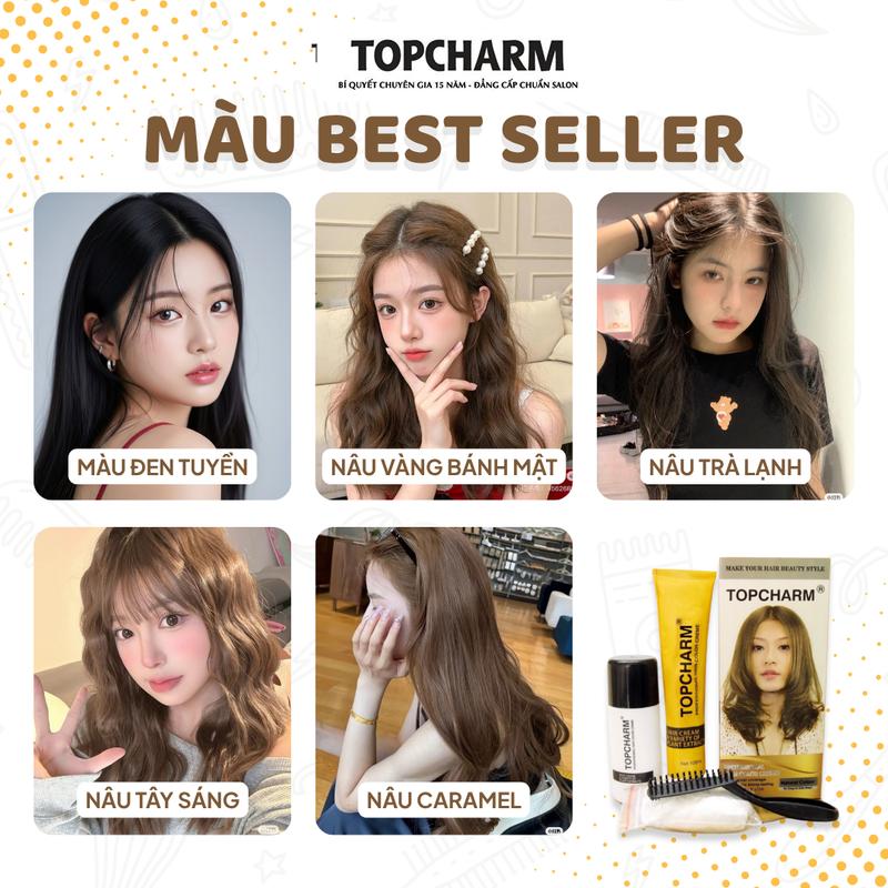 MỚI RA MẮT TOPCHARM Kem Nhuộm Tóc Chuẩn Salon Cao Cấp Màu Trendy An Toàn cho Tóc và Da Đầu Phủ Được Tóc Bạc TOPCHARM tặng oxy bao tay lược Đổi Màu Tóc Nữ Dưỡng Tóc