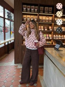 Chaqueta corta de mujer para primavera con cuello alto, manga larga, lazo ajustable y lunares; prenda exterior moderna para uso casual