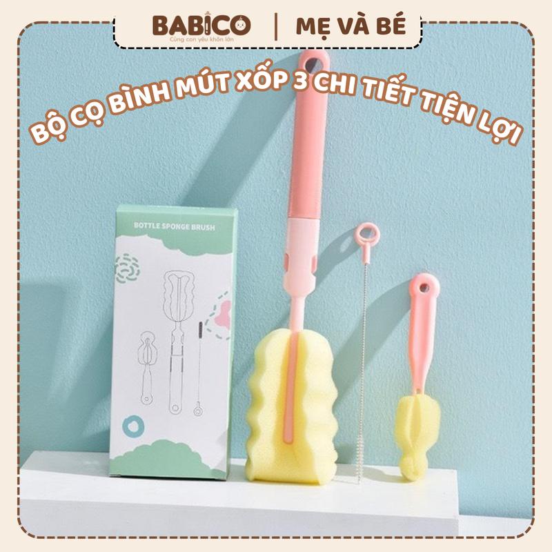 Bộ Cọ Bình Mút Xốp 3 Chi Tiết Vệ Sinh Bình Sữa, Bình Nước, Cốc,... Sạch Sẽ Tiện Dụng Cho Mẹ Và Bé