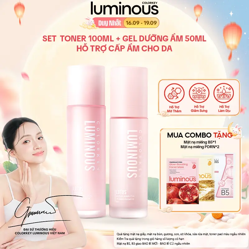 SET 1 TONER 100ml + 1 GEL Dưỡng Ẩm 50ml Colorkey Luminous Hỗ Trợ Cấp Ẩm Cho Da