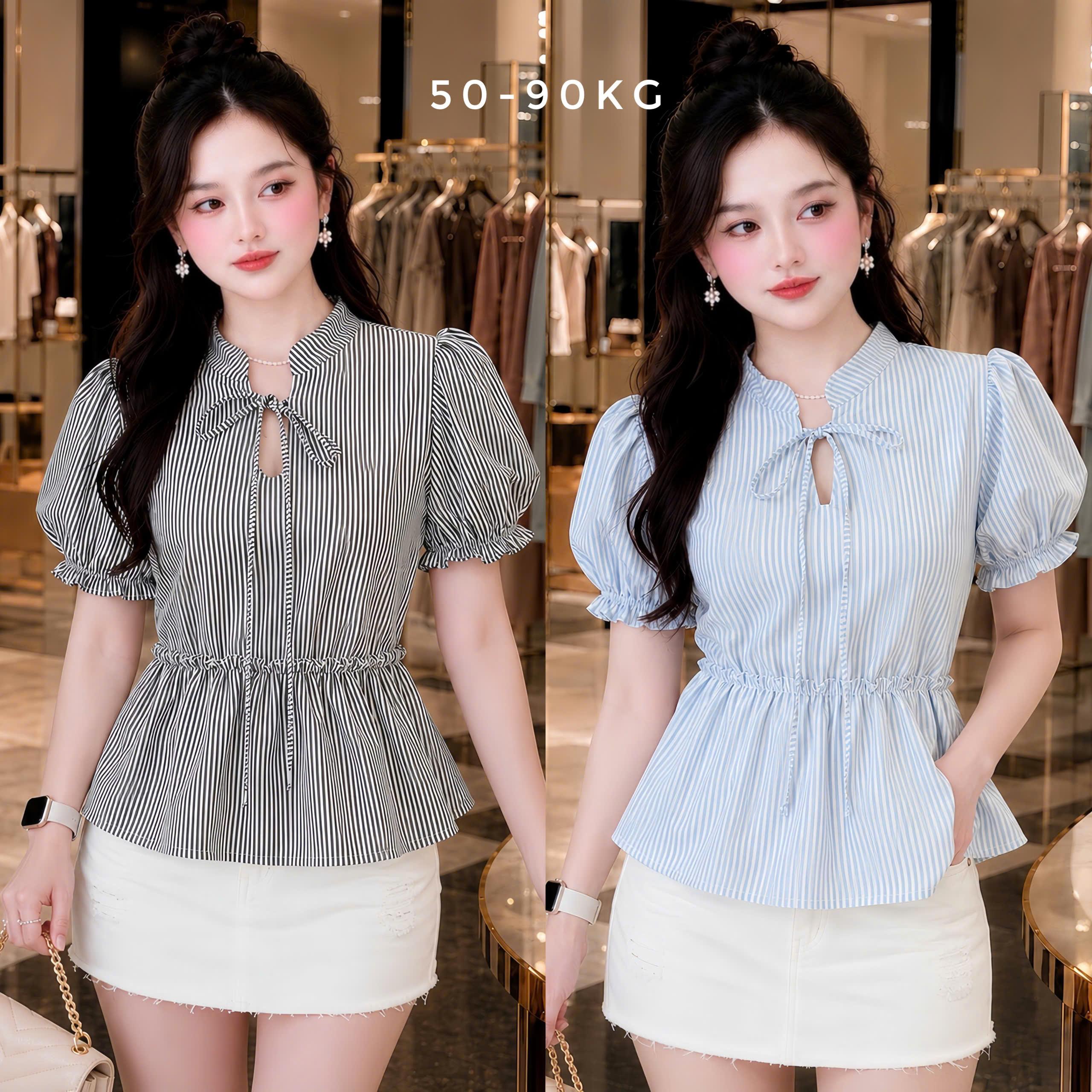 Áo Kiểu Nữ Sọc Nhỏ Thắt Nơ, Form Xòe Che Bụng Tay Phồng Bigsize 50–90kg Béo Xinh Shop - B.1875