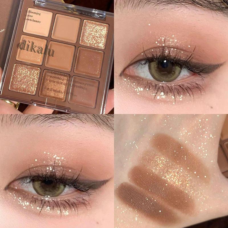 DIKALU Eyeshadow Palette 9 Color Mocha Chocolate Milk Tea Matte Glitter Waterprood Tahan Lama XX012
