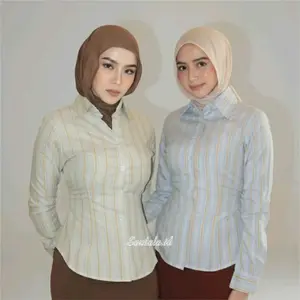 Sella shirt Kemeja Kerja Wanita Slim Fit Garis Stripe Karet