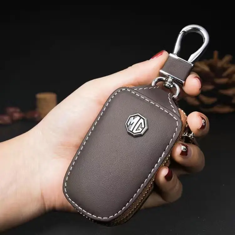 MG Logo Leather Car Key Holder Wallet Bag Remote Fob Shell Case Cover Smooth Pouch Keychain For MG 3 4 Electric 5 ZS EV ES HS VS HEV Extender GC EC Maxus 9