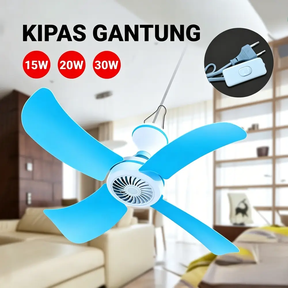 Kipas Angin Gantung Mini 4 Baling Daya 15W/20W/30W Hemat Listrik Kipas Plafon Rumah Kamar Kos Kantor Suara Halus Dilengkapi Saklar Kabel Panjang