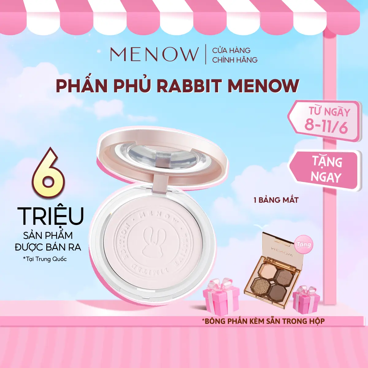 [Mua 1 Tặng 1] Phấn Phủ Nén Kiềm Dầu, Chống Nước, Che Phủ Hoàn Hảo Menow Rabbit Compact Powder 8.5G [Tặng 1 Bảng Mắt]