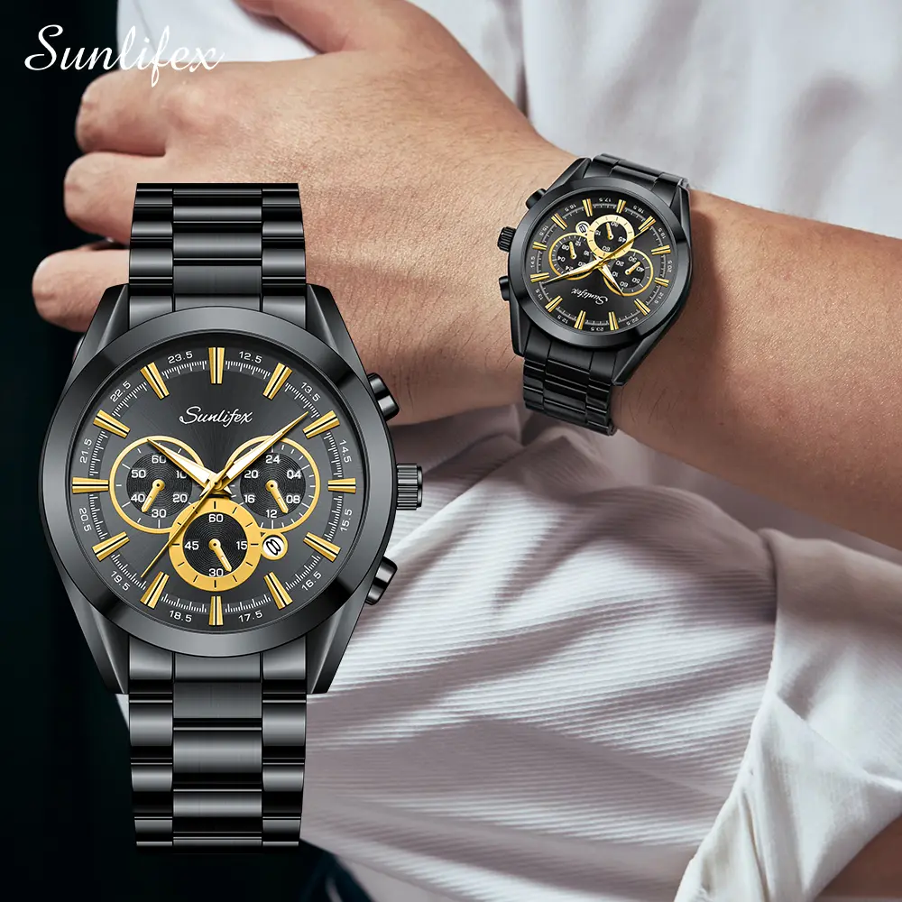 【003 Harga telah diganti, cepat beli】Sunlifex Jam Tangan Pria Kalender Santai Kuarsa Tali Stainless Steel Jam Tangan Cowok Original Watches SL9104