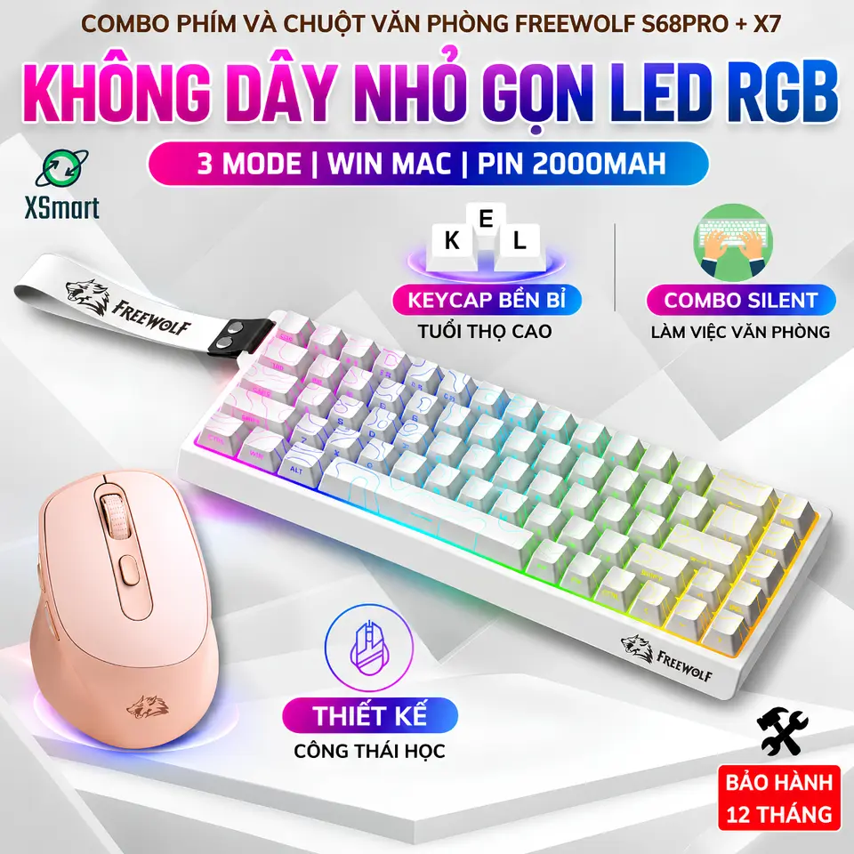 Combo Bàn Phím Chuột Không Dây Free Wolf S68PRO - X7 3 Mode Kết Nối, LED RGB, Gõ Êm, Công Thái Học