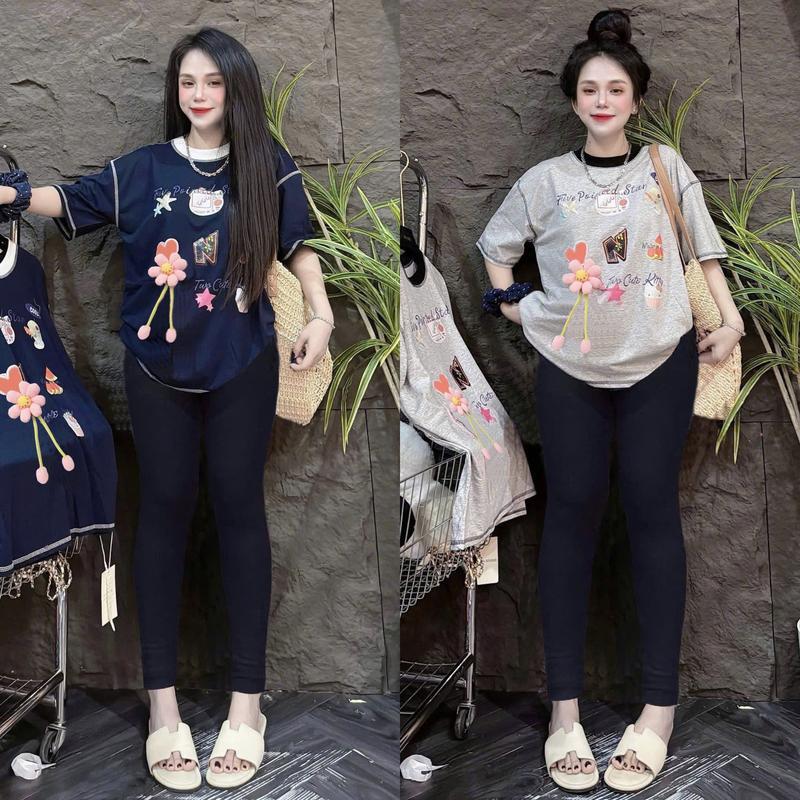 Set Đồ Bộ 'THUN TĂM LẠNH' Nữ QBN Dài Ôm In Hình CÓ ĐÍNH KÈM HOA BIGSIZE 45-85KG