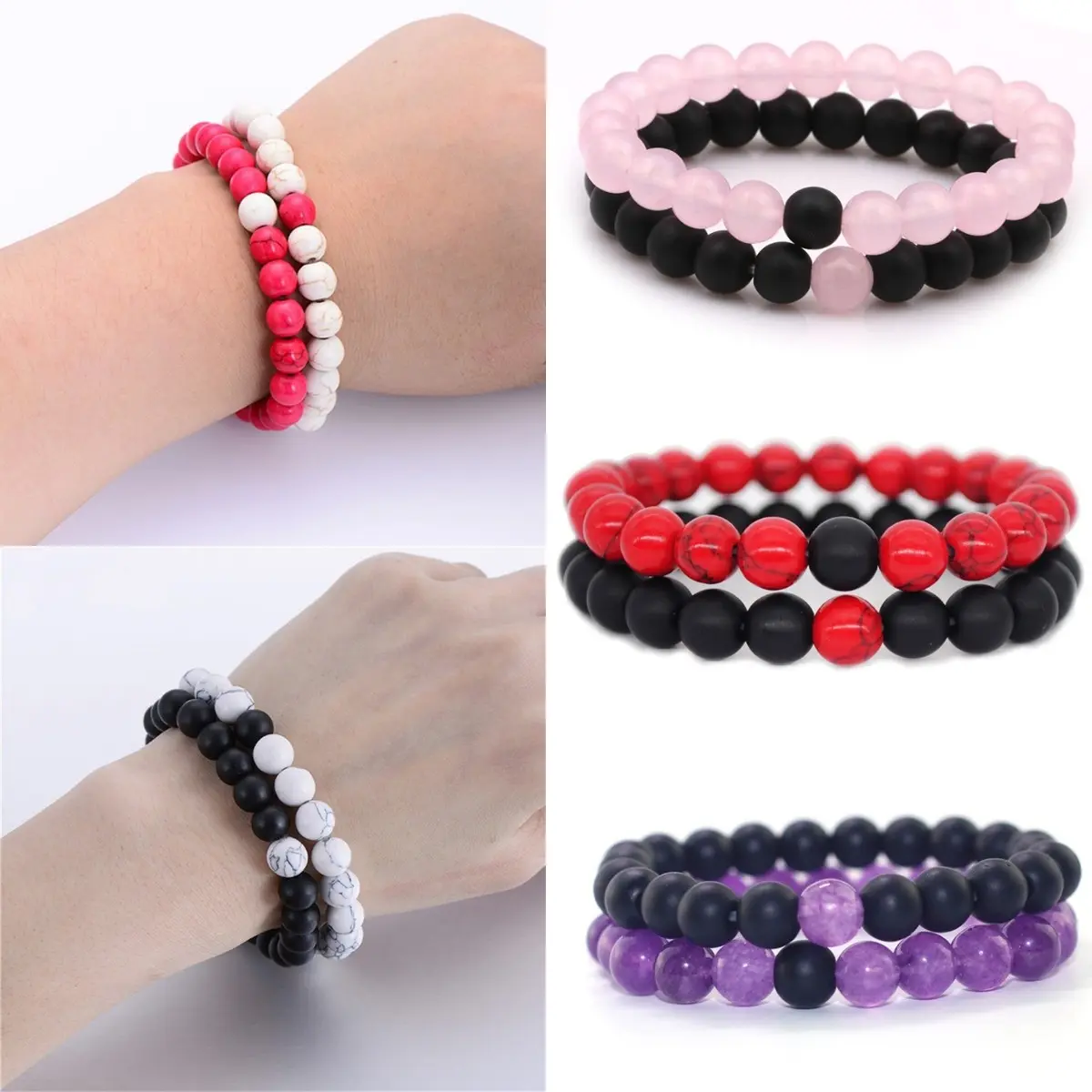 Gelang jarak untuk Pasangan, 2 helai / set, untuk lelaki dan wanita, kawan baik, batu klasik, Putih, hitam, Yin Yang, Gelang manik Putih Bangles Bracelets Jewelry