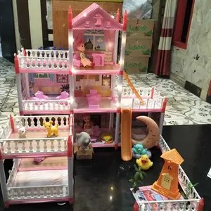 Mainan Rumah Rumahan Anak Perempuan 3D Princess Kastil Villa dengan Lampu dan Boneka Perakitan DIY Rumah Mainan