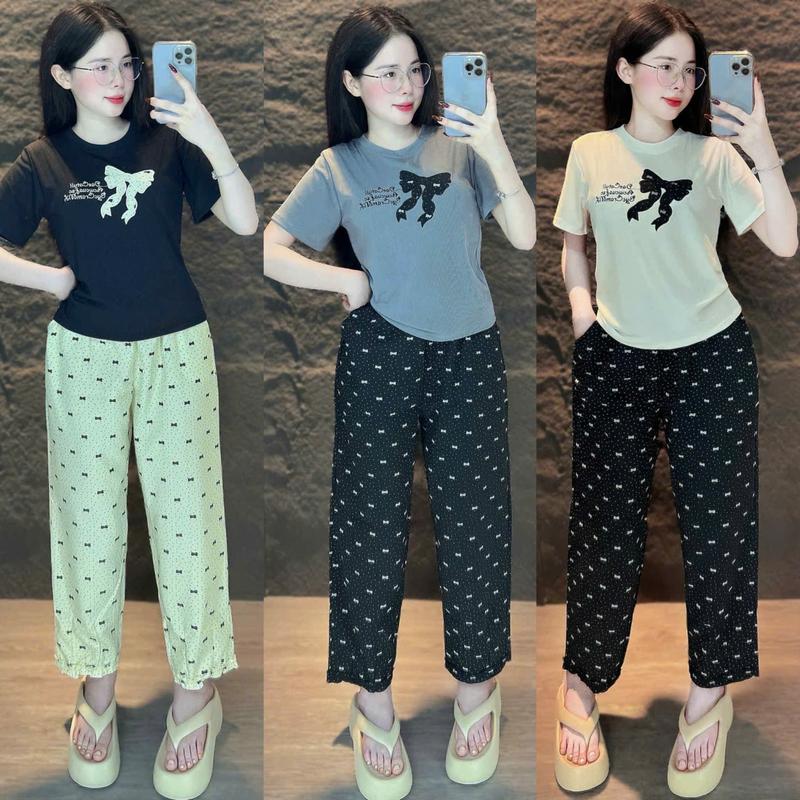 [Form 45 - 85kg] Set bộ nữ xinh, SET BỘ BigSize ÁO THUN TĂM THÊU NƠ PHỐI QUẦN ĐŨI Họa Tiết Dễ Thương - HẰNG MOON