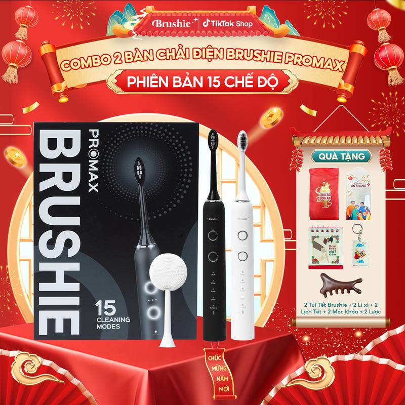 DEAL SIÊU HỜI Combo 2 bàn chải điện Brushie Promax - BẢO HÀNH CHÍNH HÃNG 1000 NGÀY - TẶNG 2 TÚI TẾT MÀU ĐỎ BRUSHIE + 2 LƯỢC MASSAGE NÂU + 2 BỘ 5 LÌ XÌ + 2 LỊCH MINI + 2 MÓC KHÓA TẾT